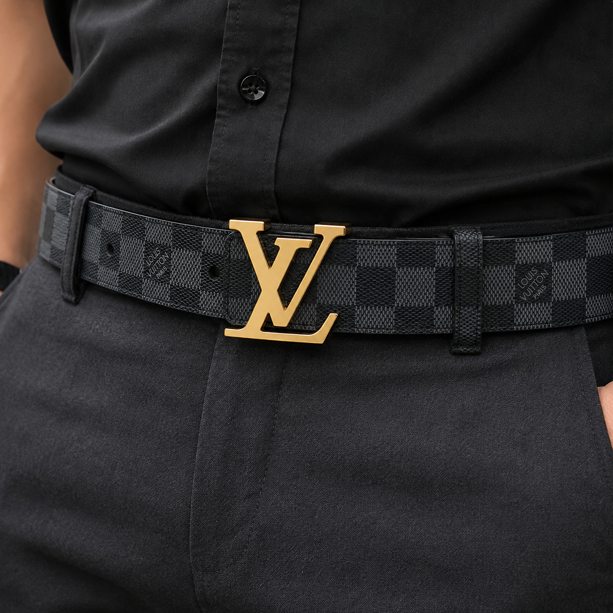 Lo_uis Vuitton Damier Graphite Black Belt with Gold L_V Buckle – Luxury Men’s Designer Belt