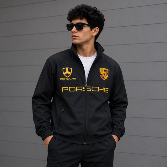 Por_sche Motor_sport x Pu_ma Men’s Black Racing Track Jacket – Gold Logo Edition