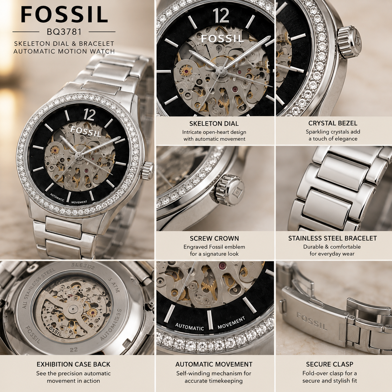 Fo_ssil BQ3781 Women’s Automatic Skeleton Watch – Crystal Bezel & Silver Bracelet