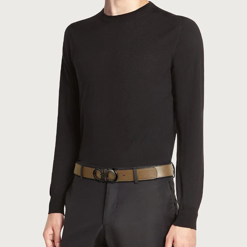 Ferragamo Reversible Adjustable Textured Calfskin Leather Gancini Belt Cane Sugar Brown Black