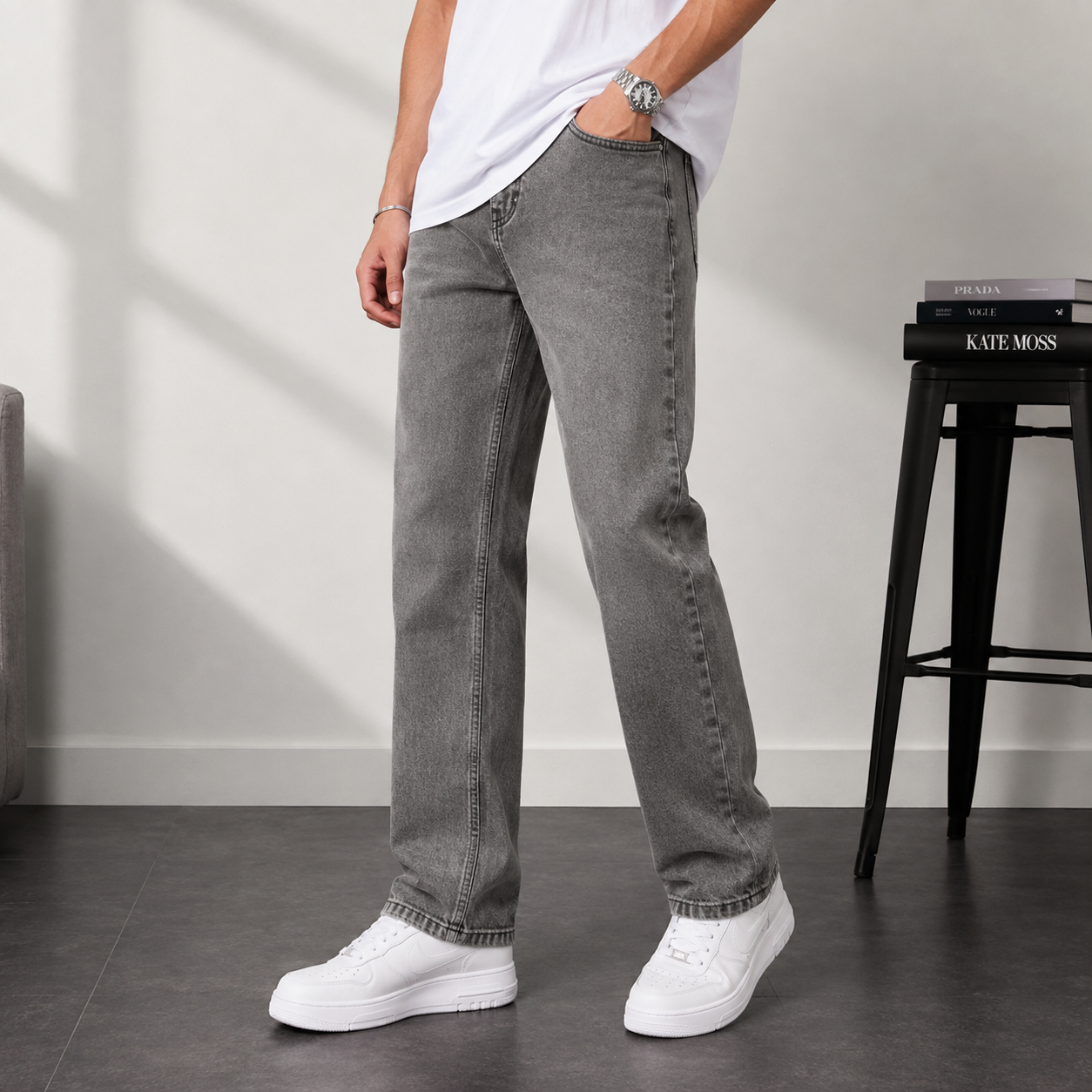 ZA_RA Basic Grey Straight Fit Jeans for Men | Premium Washed Denim | Everyday Comfort
