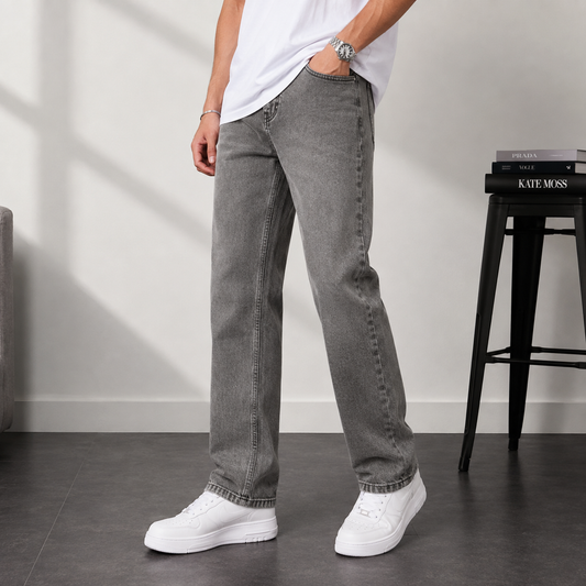 ZA_RA Basic Grey Straight Fit Jeans for Men | Premium Washed Denim | Everyday Comfort