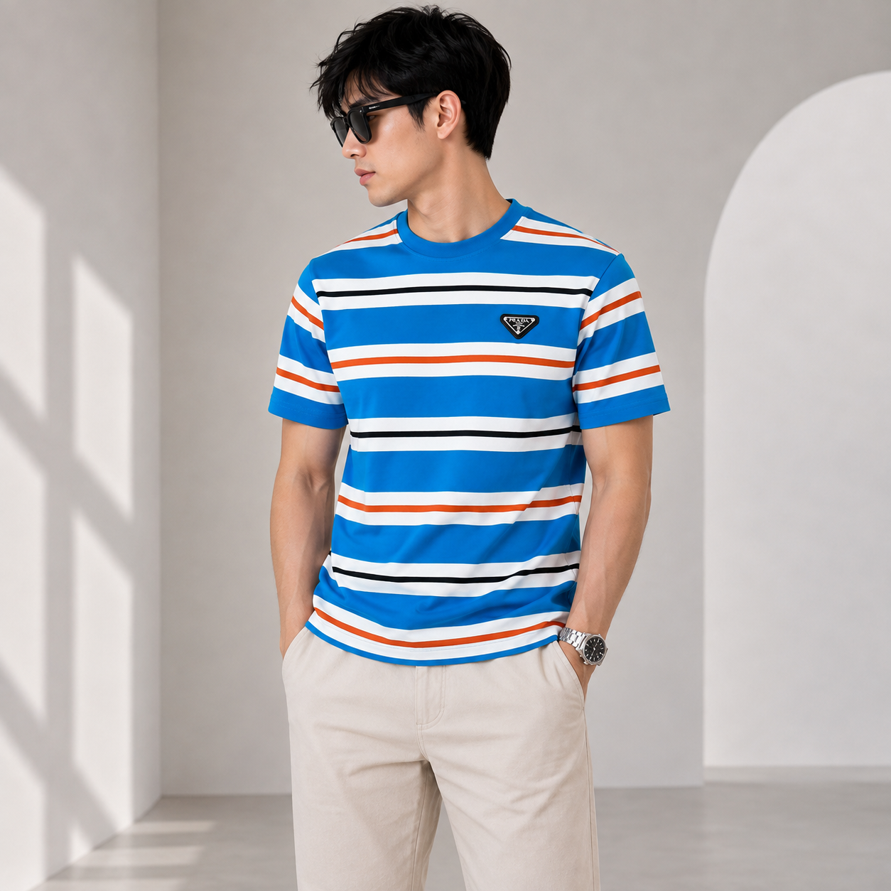 Pr_ada Men’s Premium Blue Striped T-Shirt | Half Sleeve Round Neck Casual T-Shirt