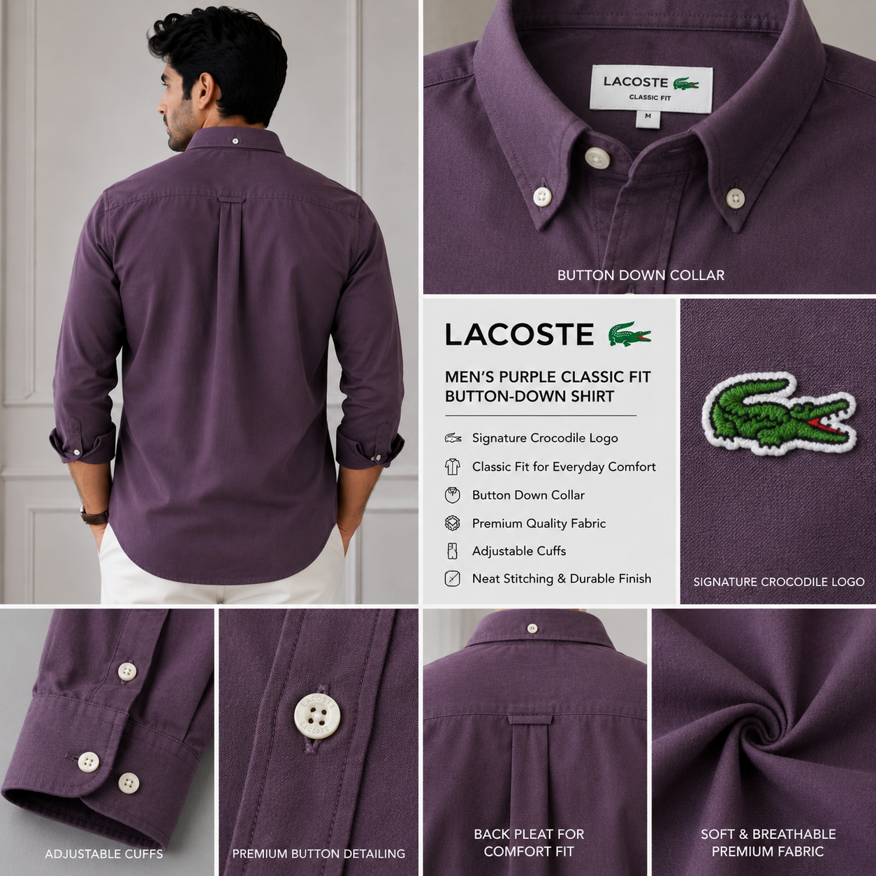 Lac_oste Men’s Purple Classic Fit Button-Down Shirt – Premium Casual Wear