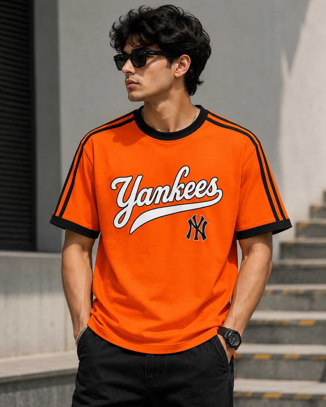 Ne_w Yo_rk Yank_ees Inspired Men's Premium Orange Oversized Cotton T-Shirt with Contrast Stripe