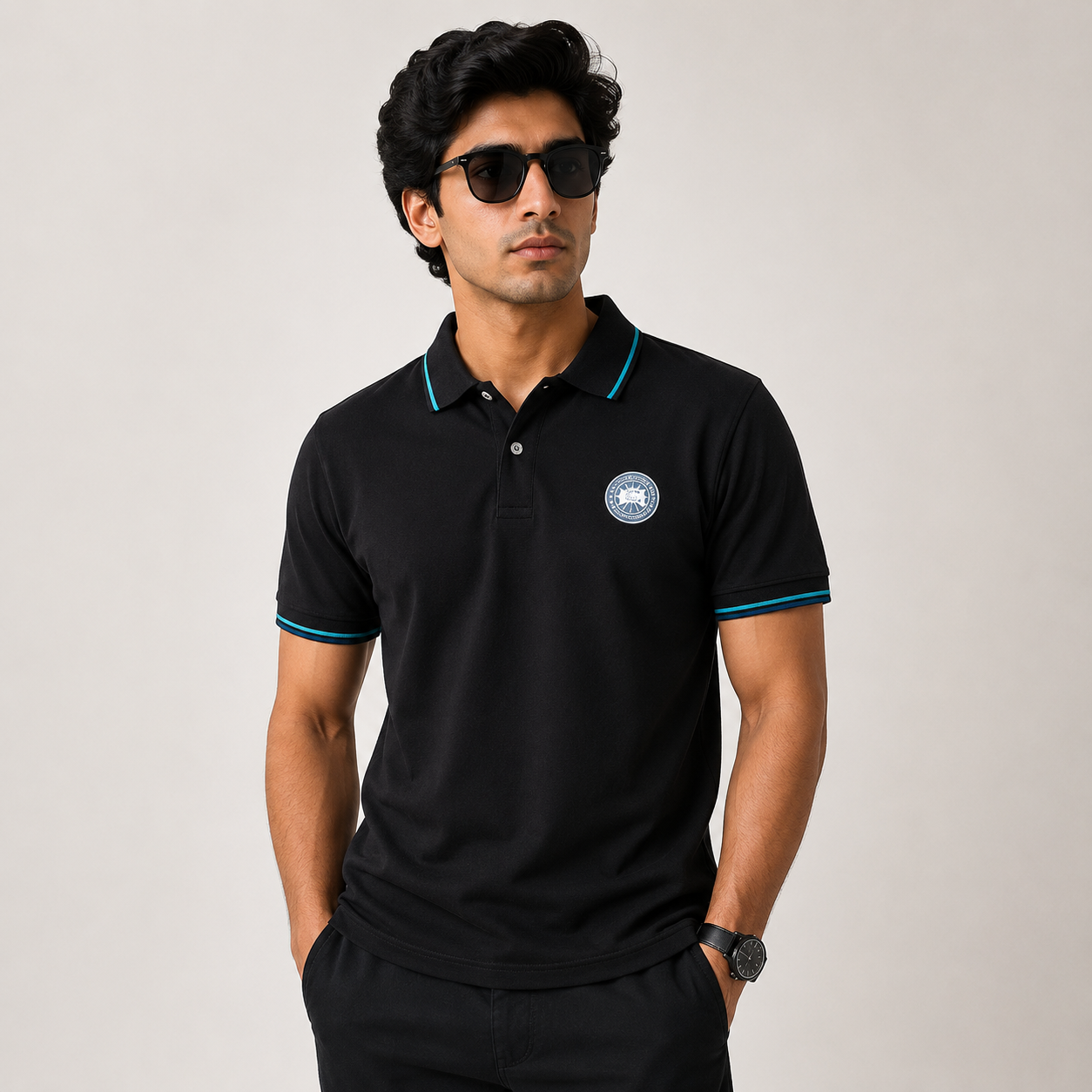 Men’s Black Premium Polo T-Shirt with Contrast Blue Trim & Embroidered Chest Logo