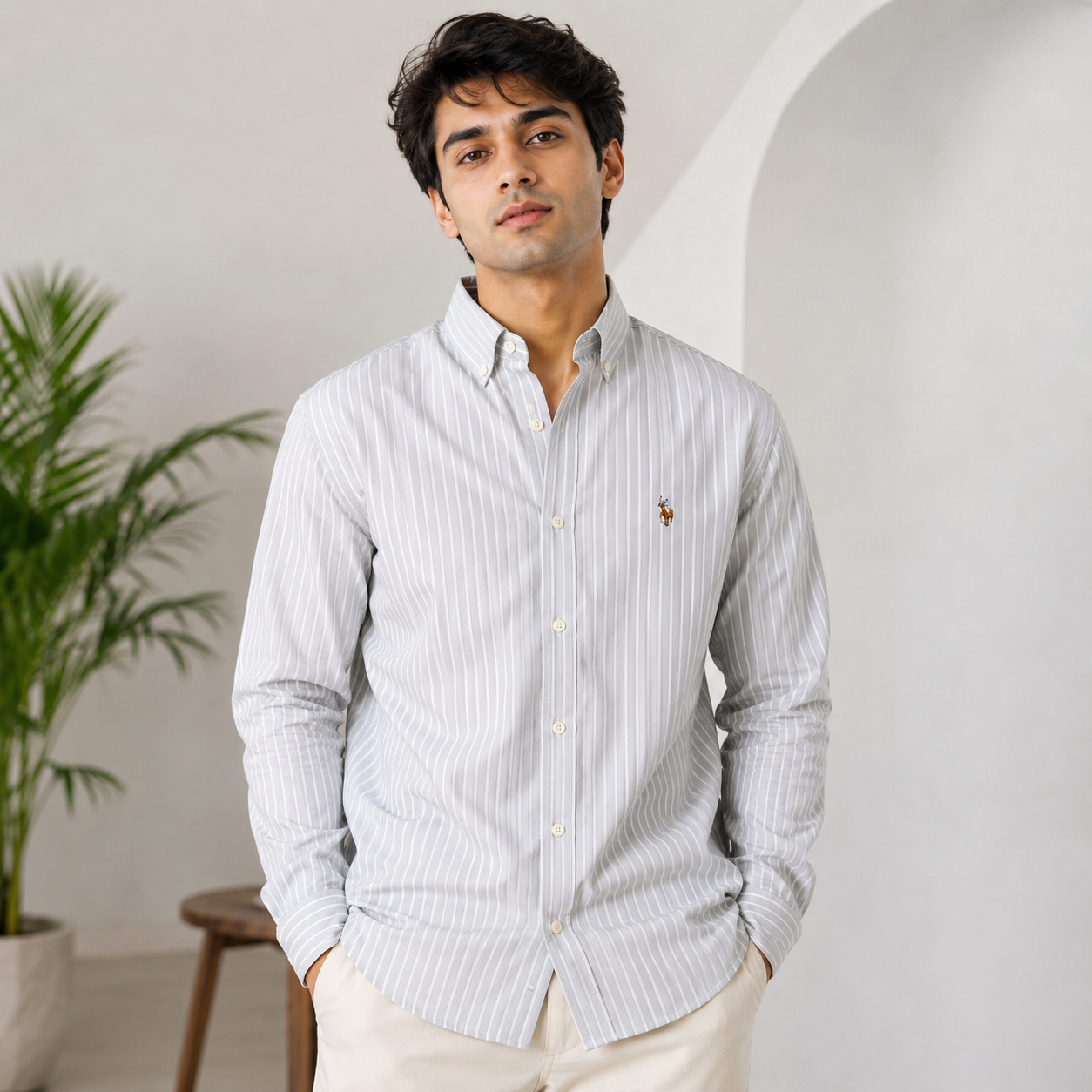 po_lo Men's Grey Striped Premium Cotton Casual Shirt | Full Sleeves | Regular Fit