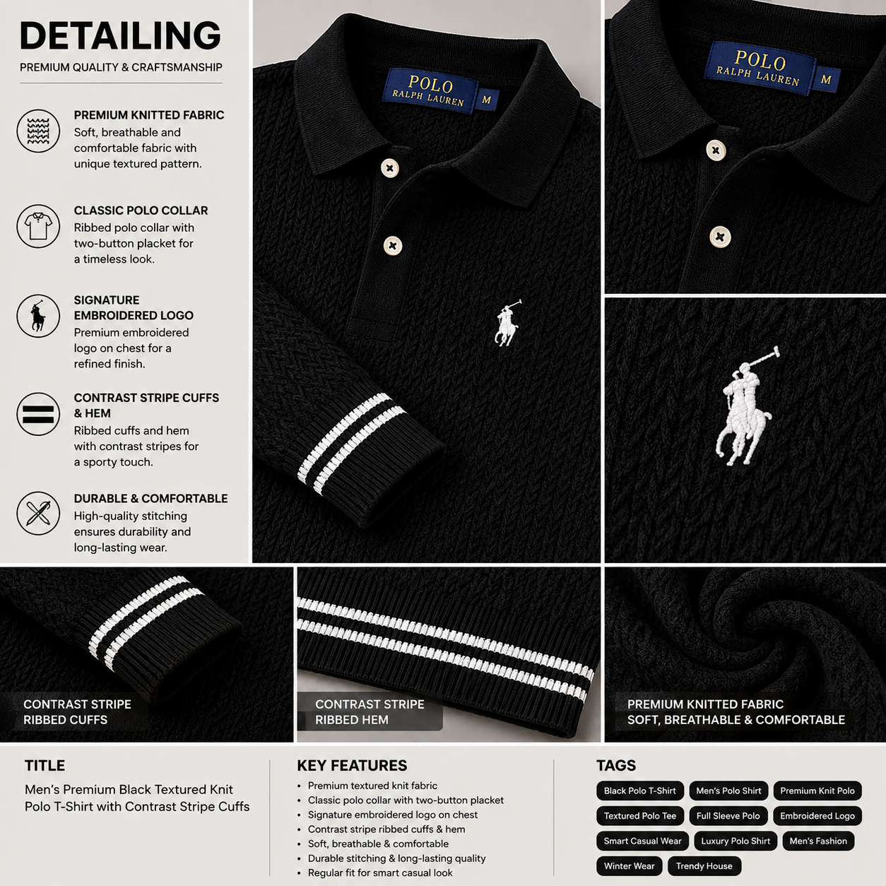 po_lo Men's Premium Black Textured Knit Polo T-Shirt with Contrast Stripe Cuffs