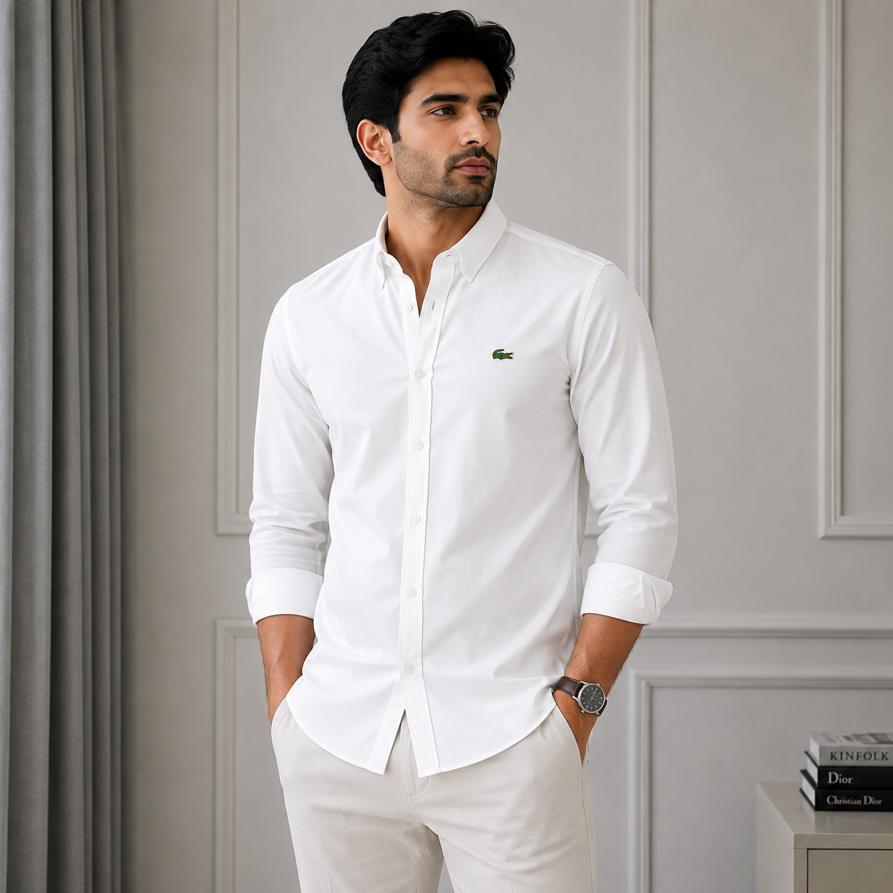 Lac_oste Men’s White Classic Fit Button-Down Shirt – Premium Casual Wear