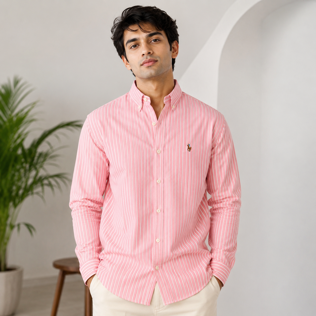 Po_lo Men's Pink Striped Premium Cotton Casual Shirt | Full Sleeves | Regular Fit