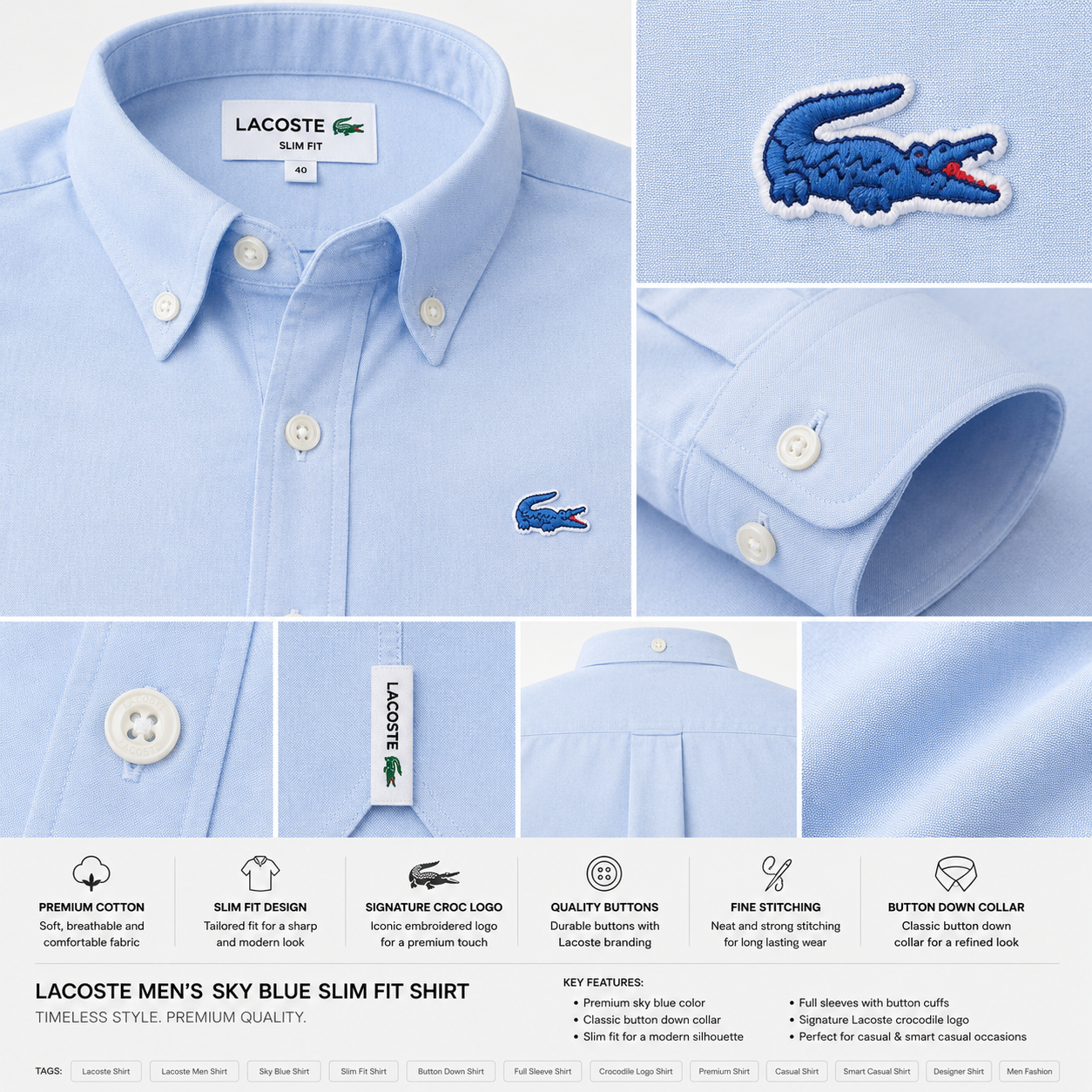 Lac_oste Men’s Sky Blue Slim Fit Button-Down Shirt – Signature Crocodile Logo
