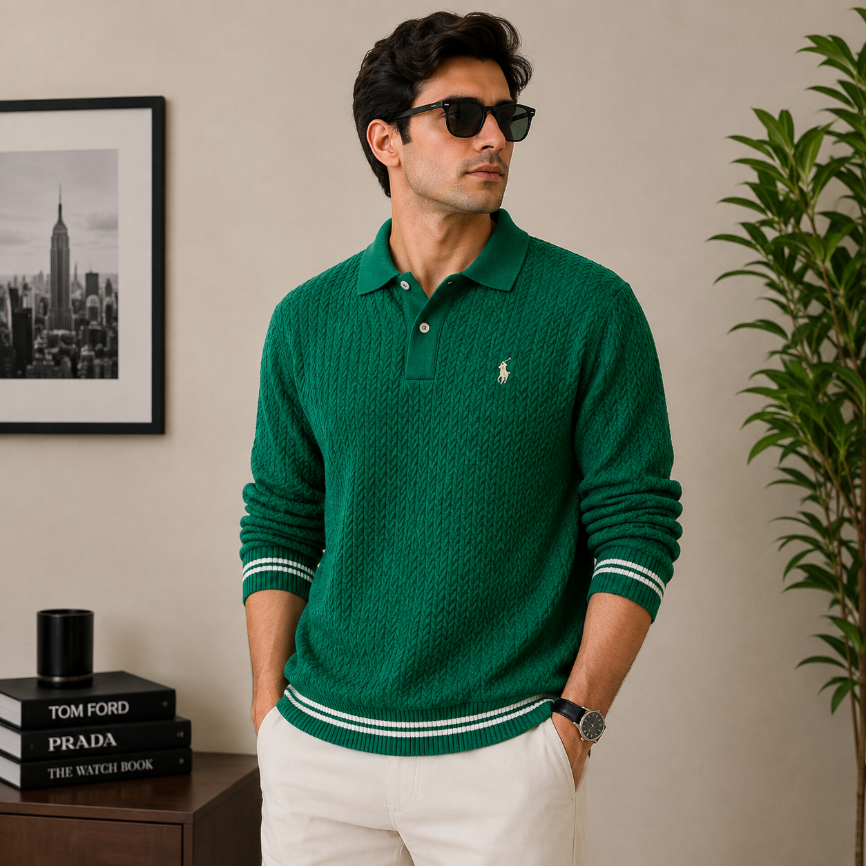 po_lo Men's Premium Green Textured Knit Polo T-Shirt with Contrast Stripe Cuffs