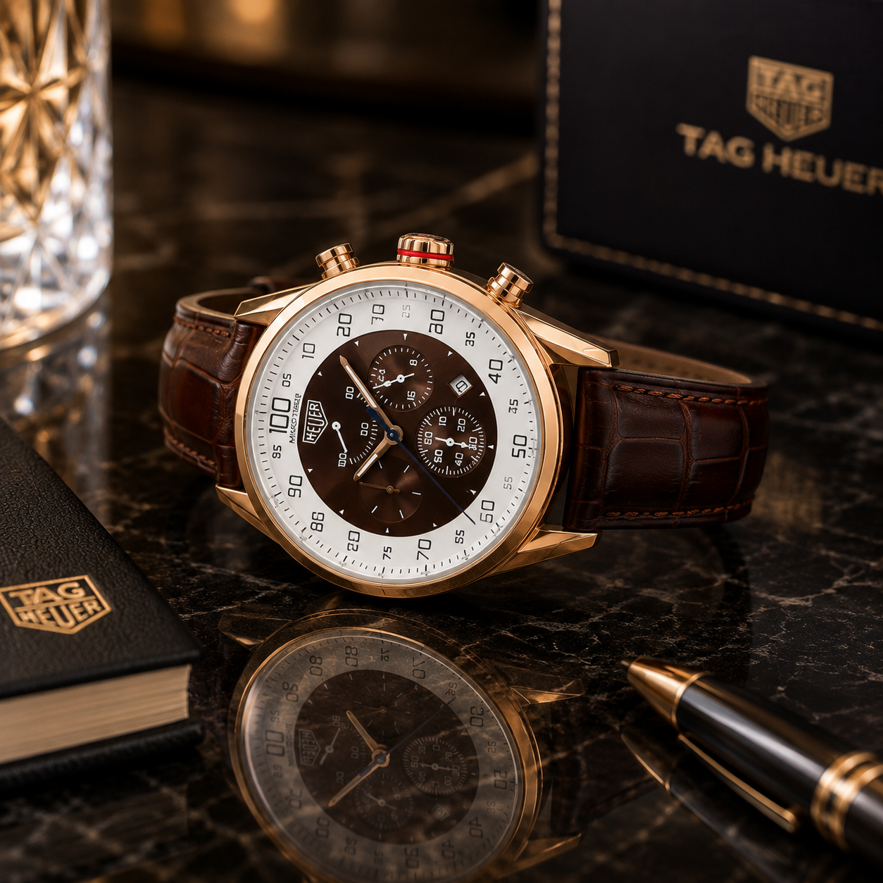 T_AG He_uer Mikrotimer Men’s Chronograph Watch – Rose Gold Case, Brown Dial & Leather Strap