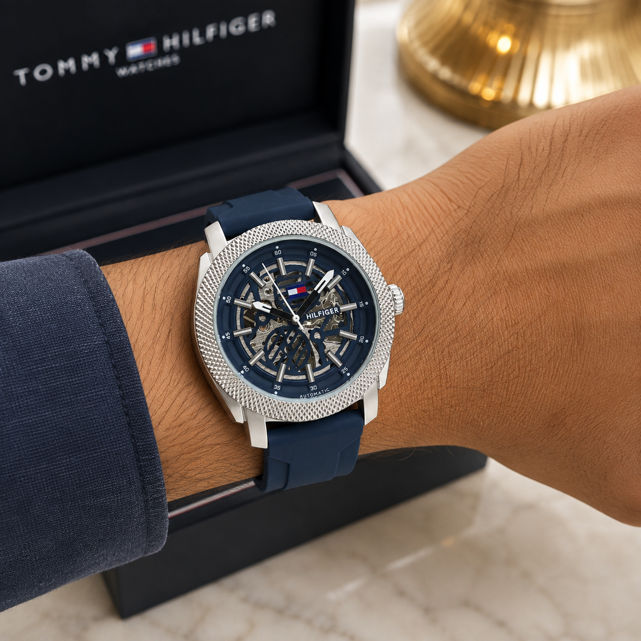 Tom_my Hilfi_ger Automatic Skeleton Dial Men's Watch – Blue Silicone Strap & Silver Case