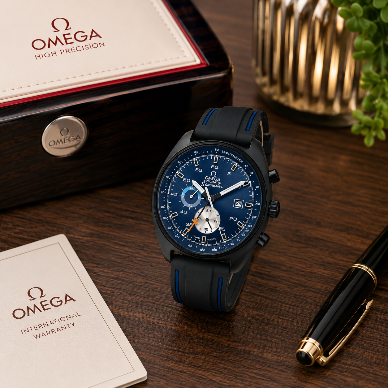 Om_ega Seamaster Automatic Chronograph Men’s Watch – Blue Dial & Black Rubber Strap