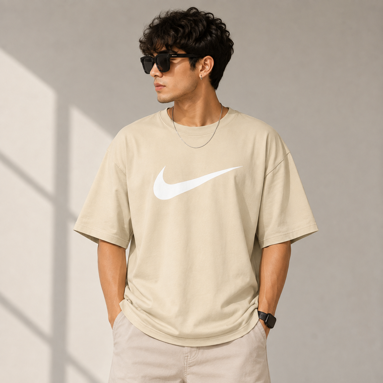 Ni_ke Men’s Beige Oversized Graphic T-Shirt – Swoosh Print Casual Streetwear Tee