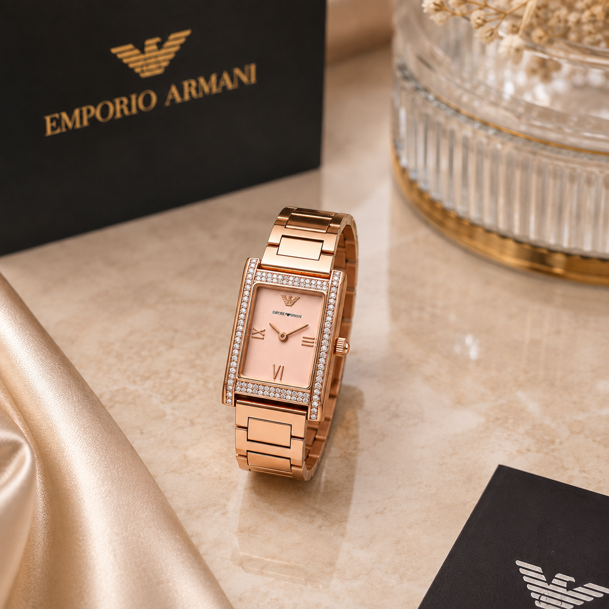 Emp_orio Arm_ani Rose Gold Crystal-Studded Rectangular Women’s Watch