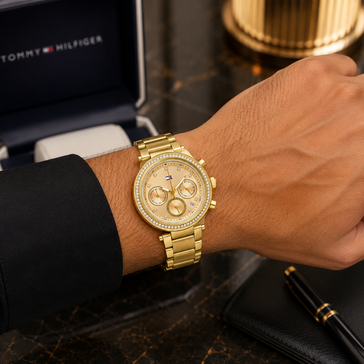 Tom_my Hil_figer Gold-Tone Multi-Function Watch – Crystal Bezel & Premium Metal Bracelet