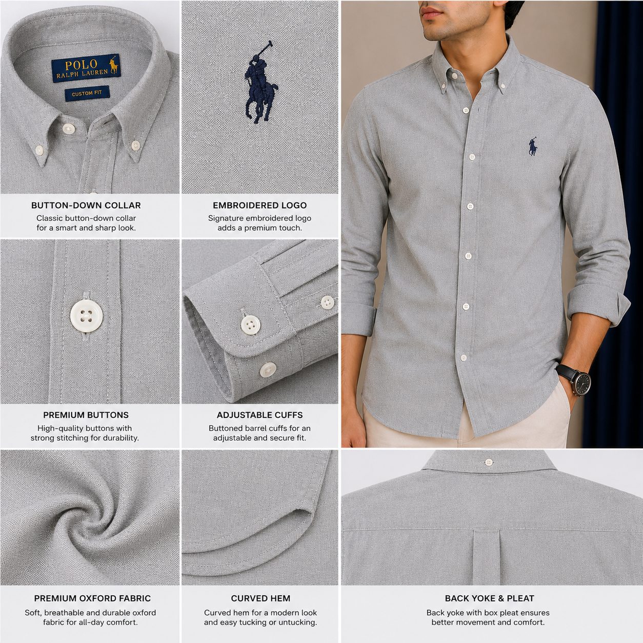Po_lo RAL_PH LAU_REN Men’s Premium Light Grey Oxford Shirt – Embroidered Button-Down Full Sleeve Shirt