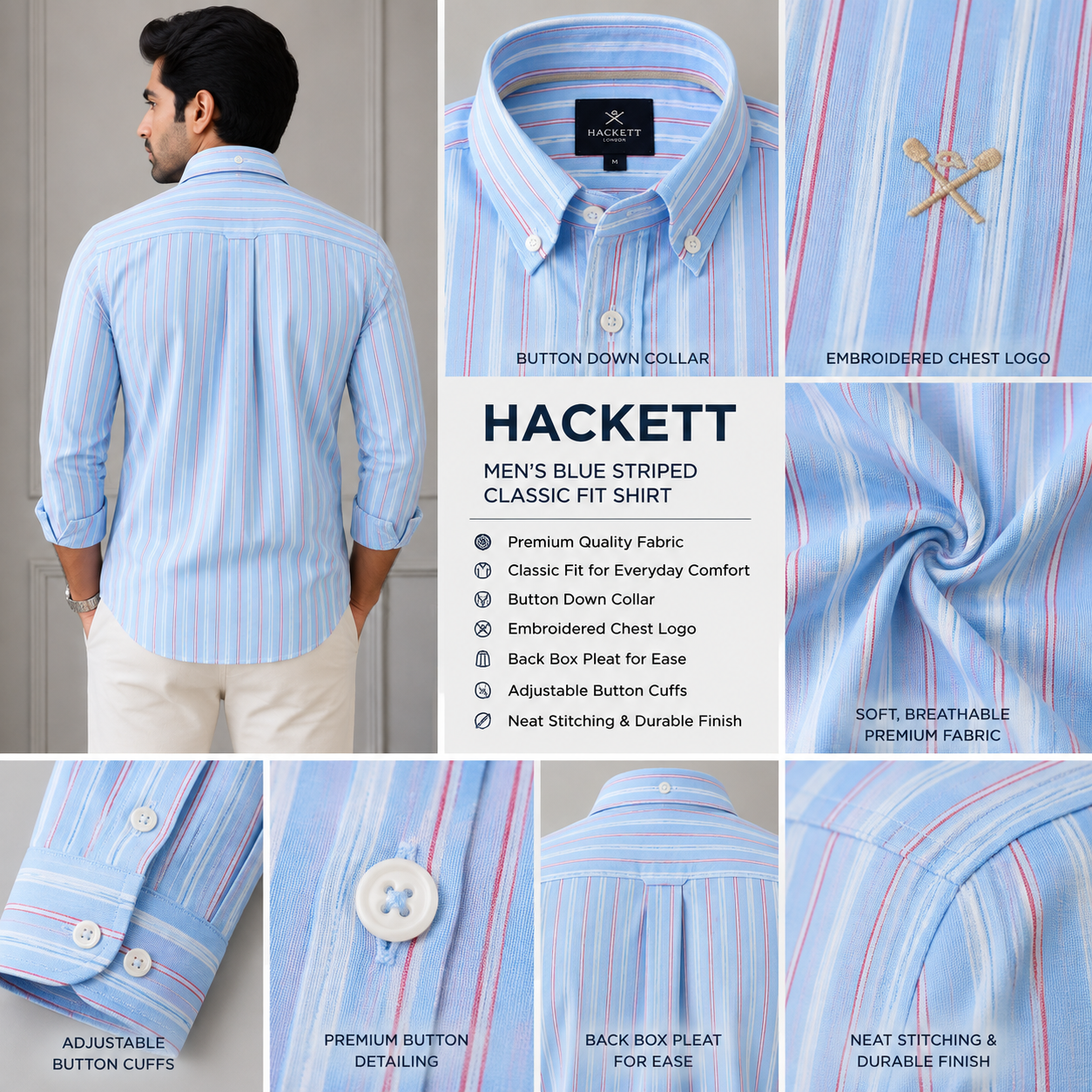 Hac_kett Lon_don Men’s Blue Striped Classic Fit Button-Down Shirt – Premium Casual Wear