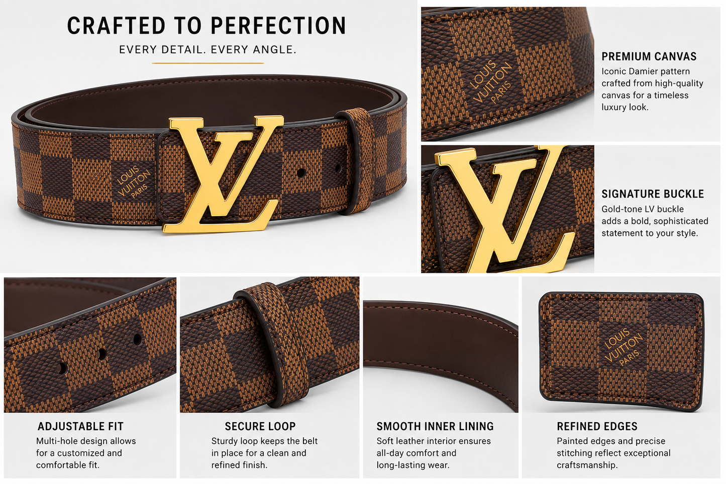 Lo_uis Vuit_ton Damier Ebene Brown Belt with Gold L_V Buckle – Luxury Men’s Designer Belt