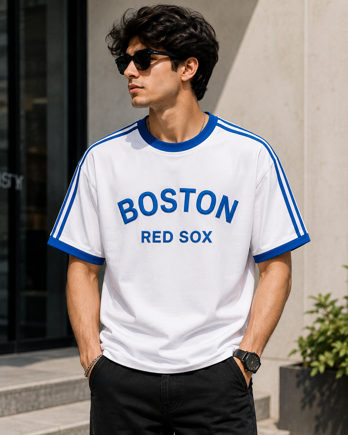Bos_ton R_ed S_ox Inspired Men's Premium White Oversized Cotton T-Shirt with Blue Contrast Stripe