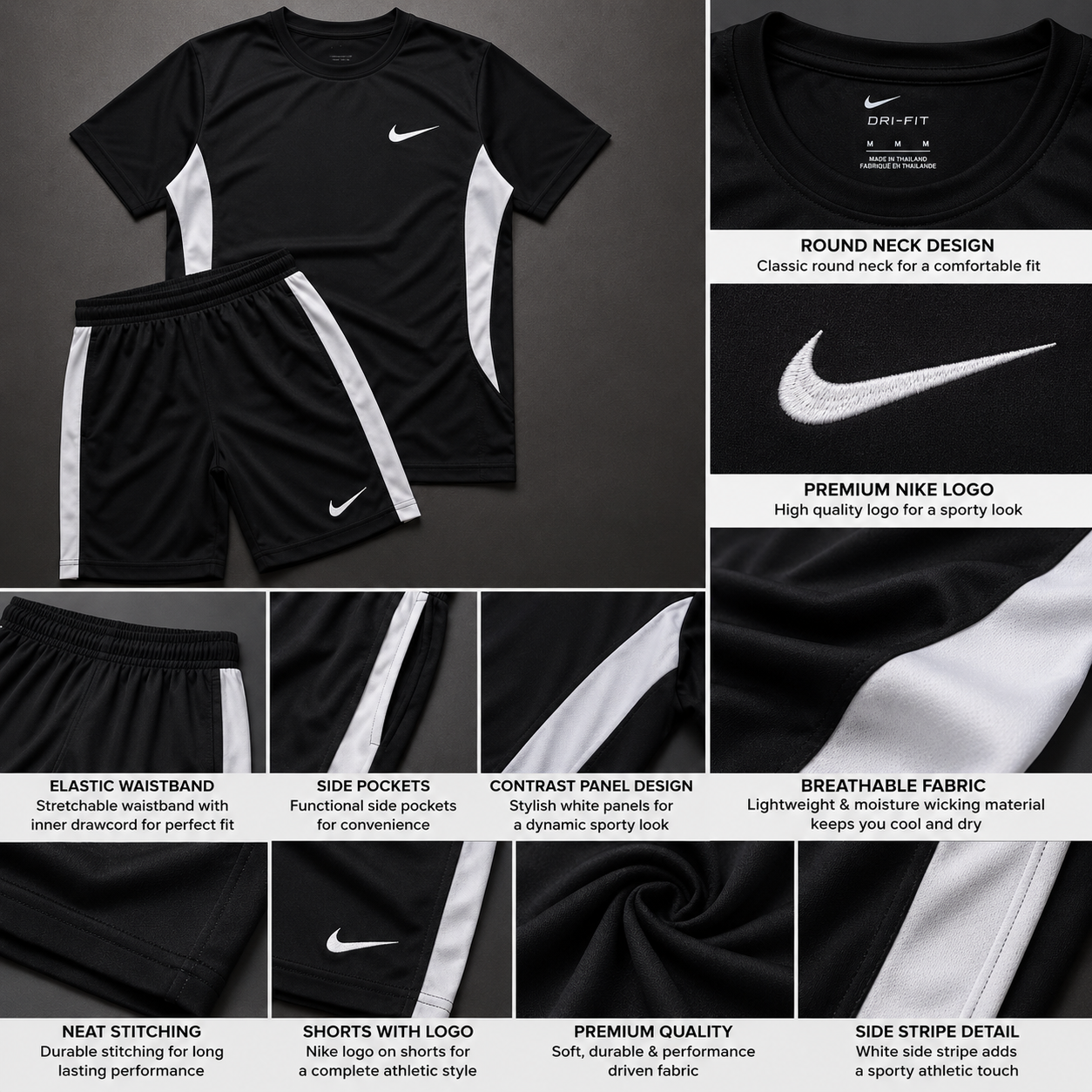 Ni_ke Men’s Black & White Sports T-Shirt & Shorts Co-ord Set | Athletic Gym & Running Set