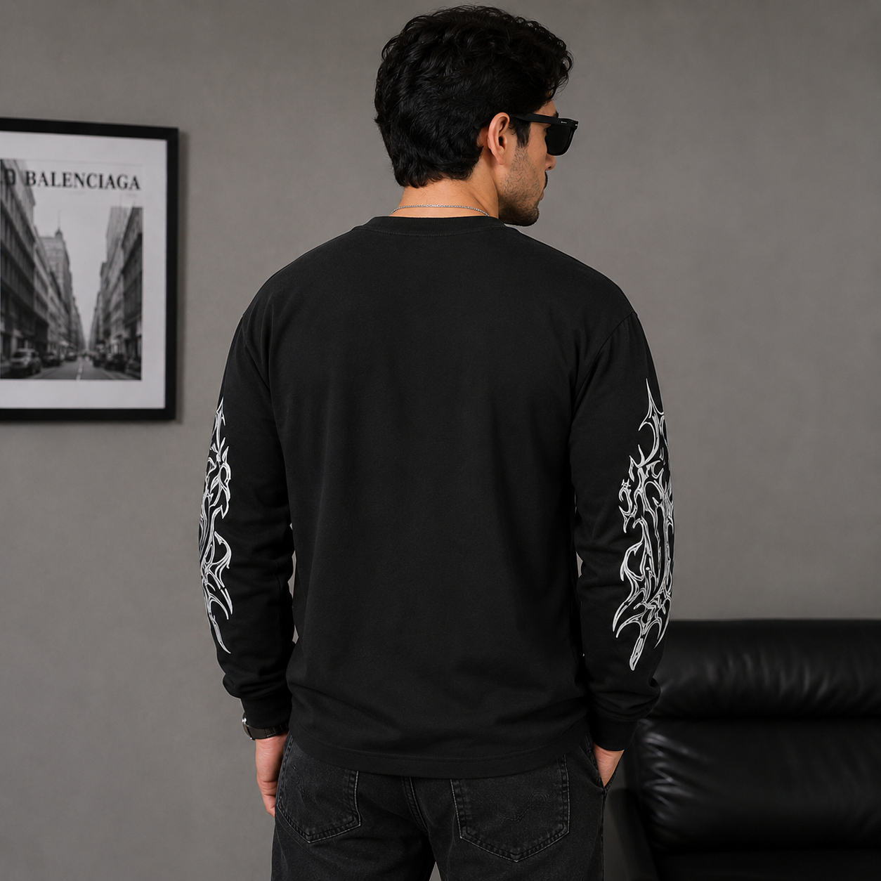 za_ra Men's Black Oversized Graphic Print Full Sleeve T-Shirt