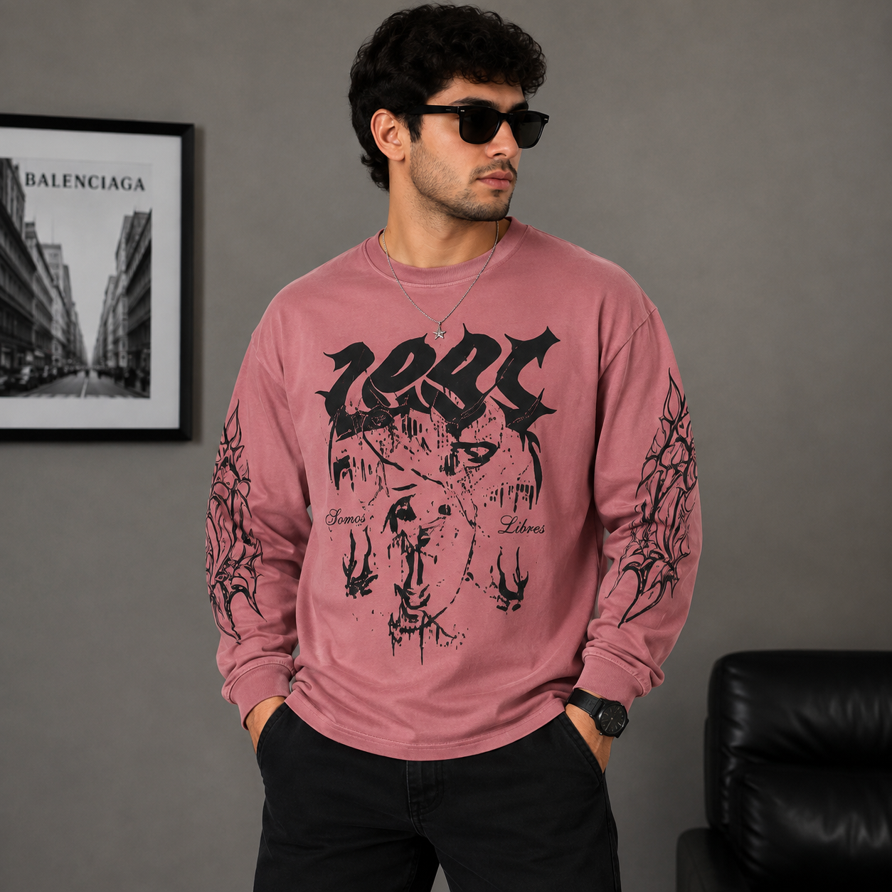 za_ra Men's Dusty Pink Oversized Graphic Print Full Sleeve T-Shirt