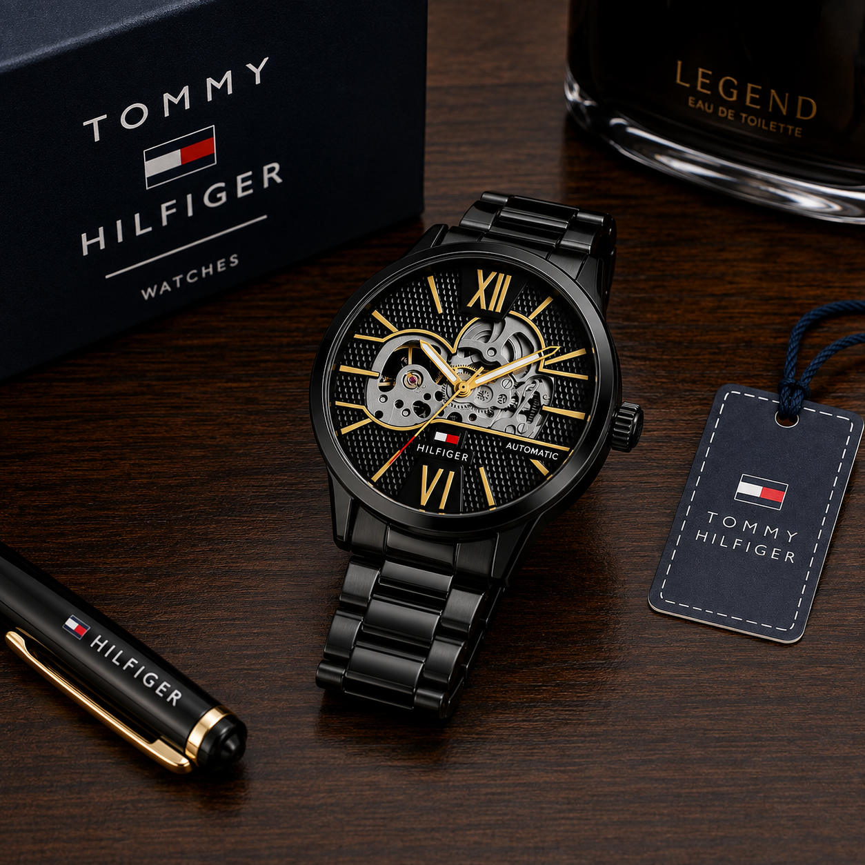 Tom_my Hilfi_ger Black & Gold Skeleton Automatic Men’s Watch