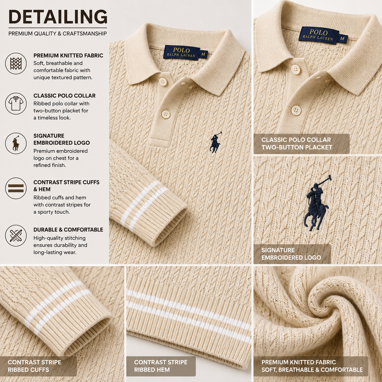 po_lo Men's Premium Beige Textured Knit Polo T-Shirt with Contrast Stripe Cuffs