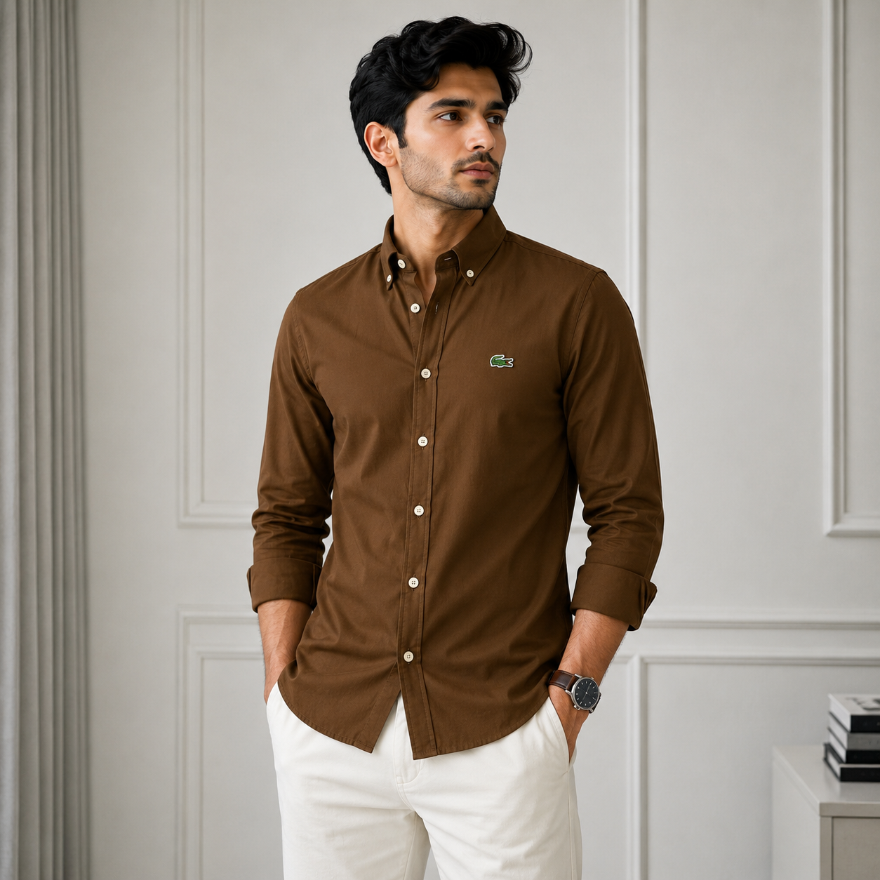 Lac_oste Men’s Brown Classic Fit Button-Down Shirt – Premium Casual Wear