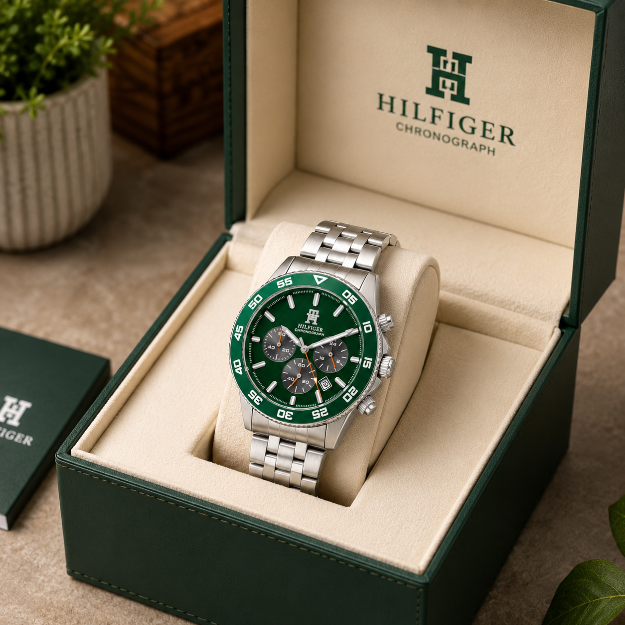Tom_my Hilf_iger Green Dial Chronograph Stainless Steel Watch