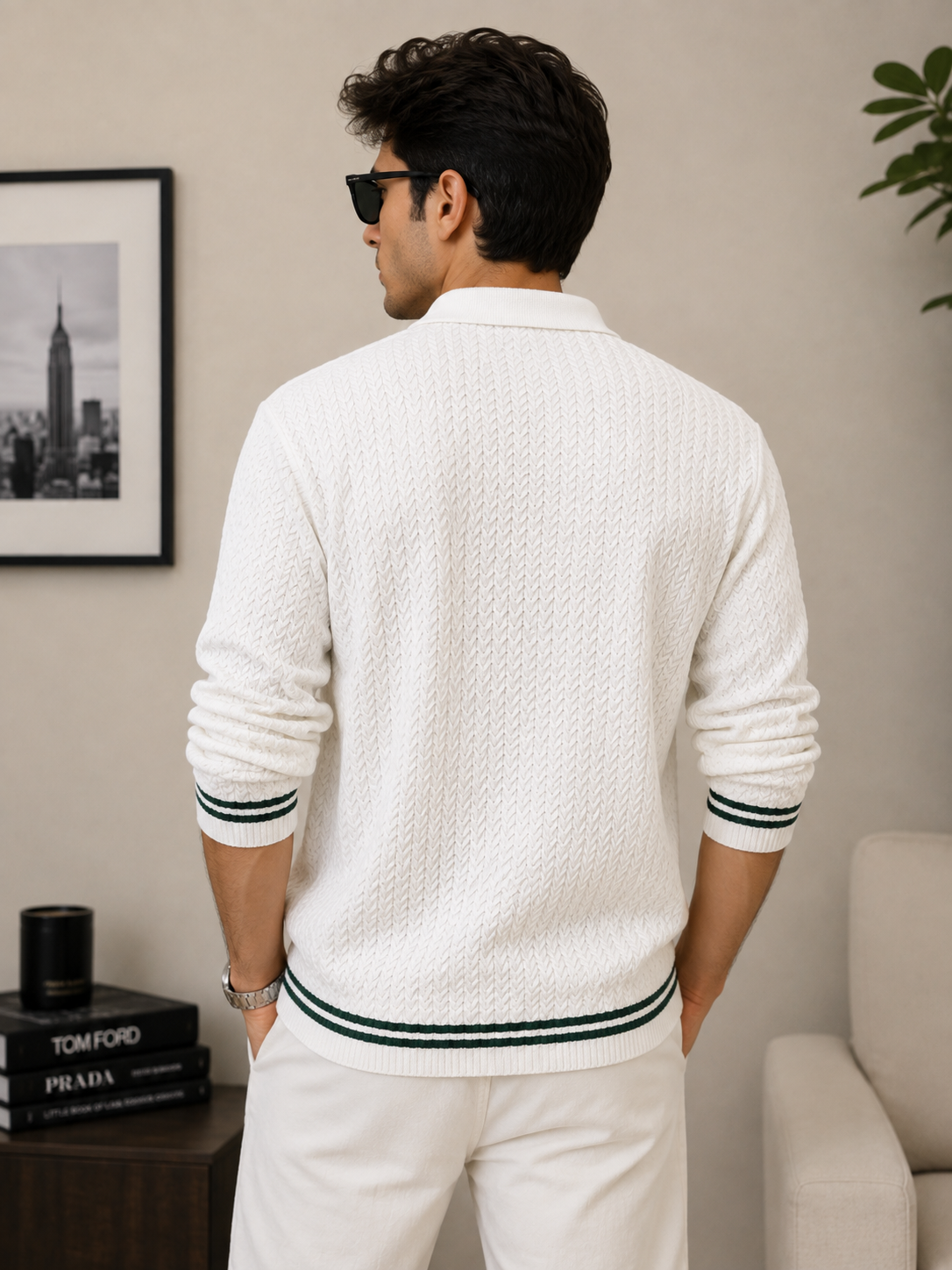 po_lo Men's Premium Textured White Polo Knit T-Shirt with Contrast Stripe Cuffs