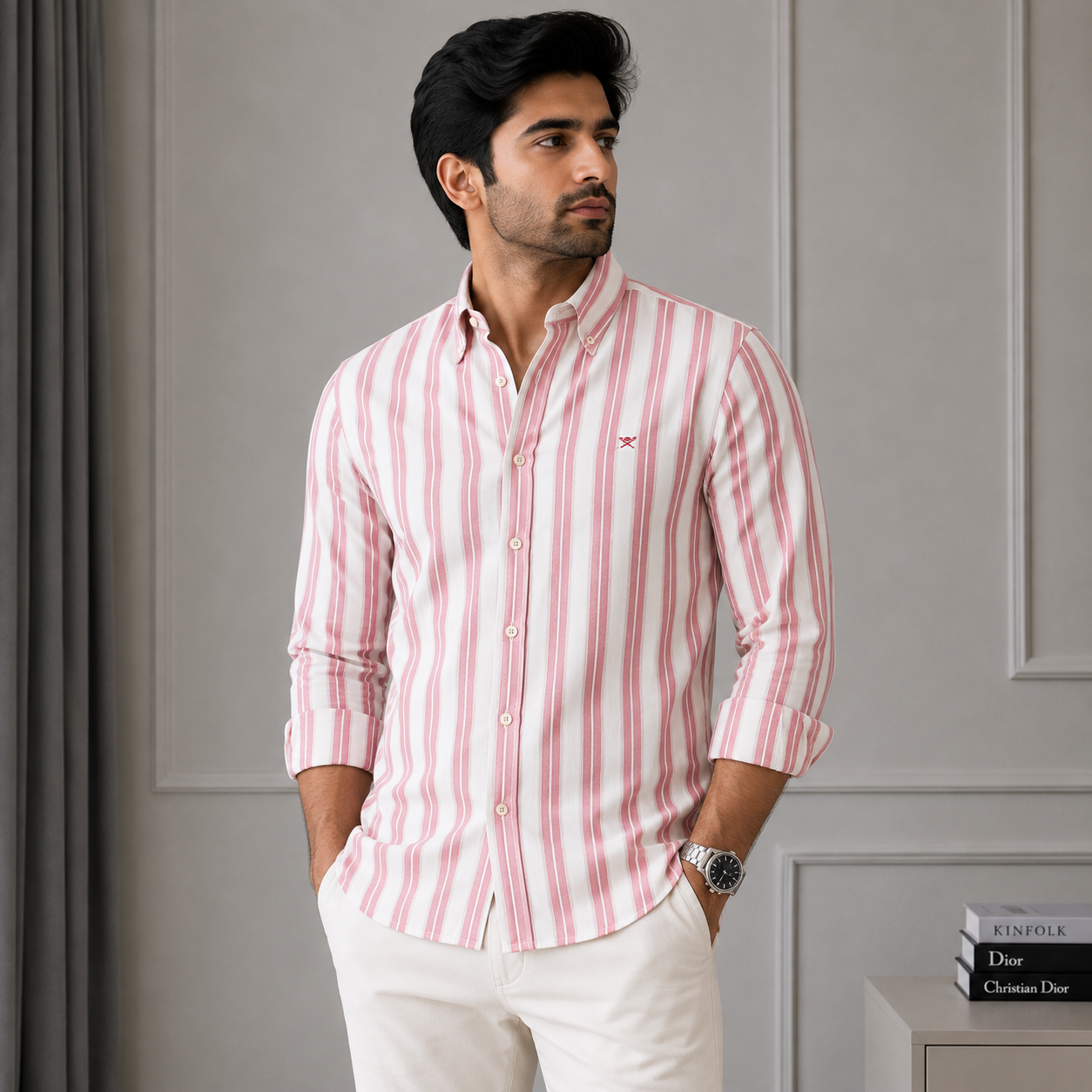Hac_kett Lon_don Men’s Pink Striped Classic Fit Button-Down Shirt – Premium Casual Wear