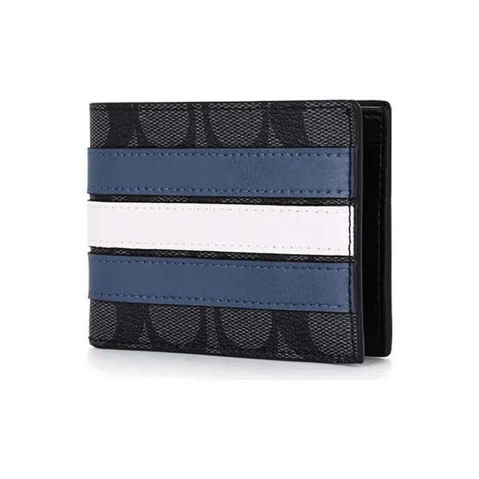 Co_ach Billfold Wallet PVC Wallet Men's Black & Gray & Blue & White