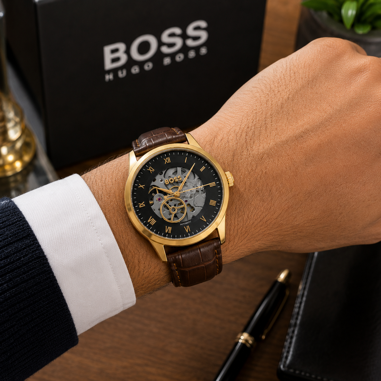 BO_SS Hugo Boss Gold Automatic Skeleton Men’s Watch – Brown Leather Strap