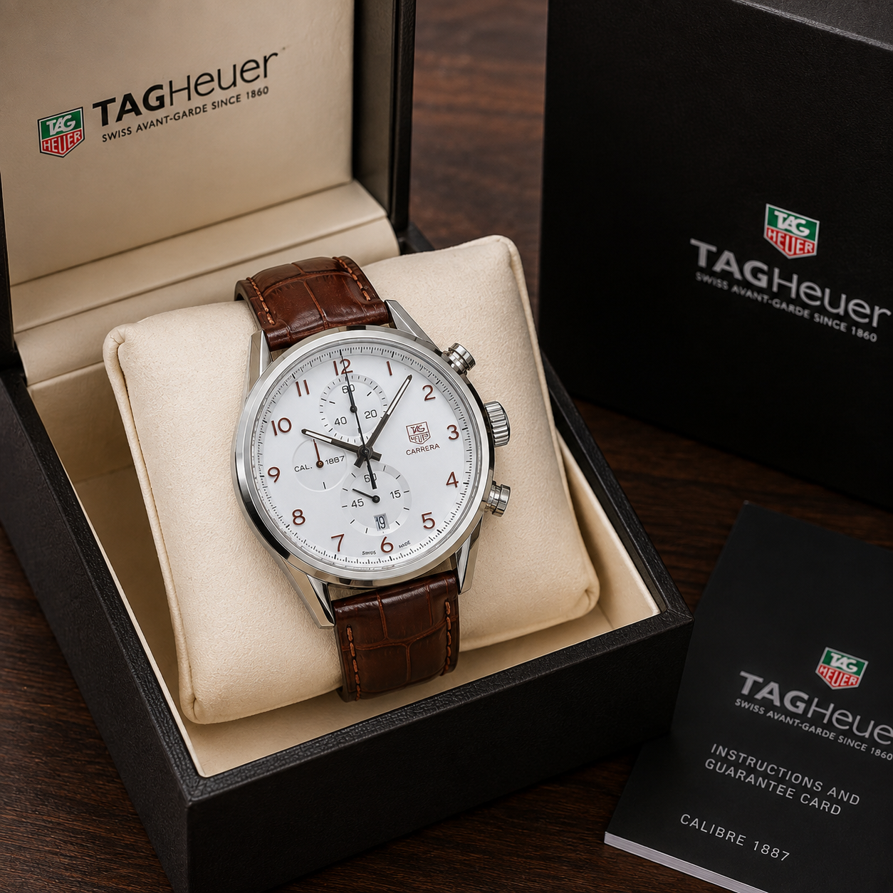 TA_G He_uer Carrera Calibre 1887 White Dial Brown Leather Chronograph Watch
