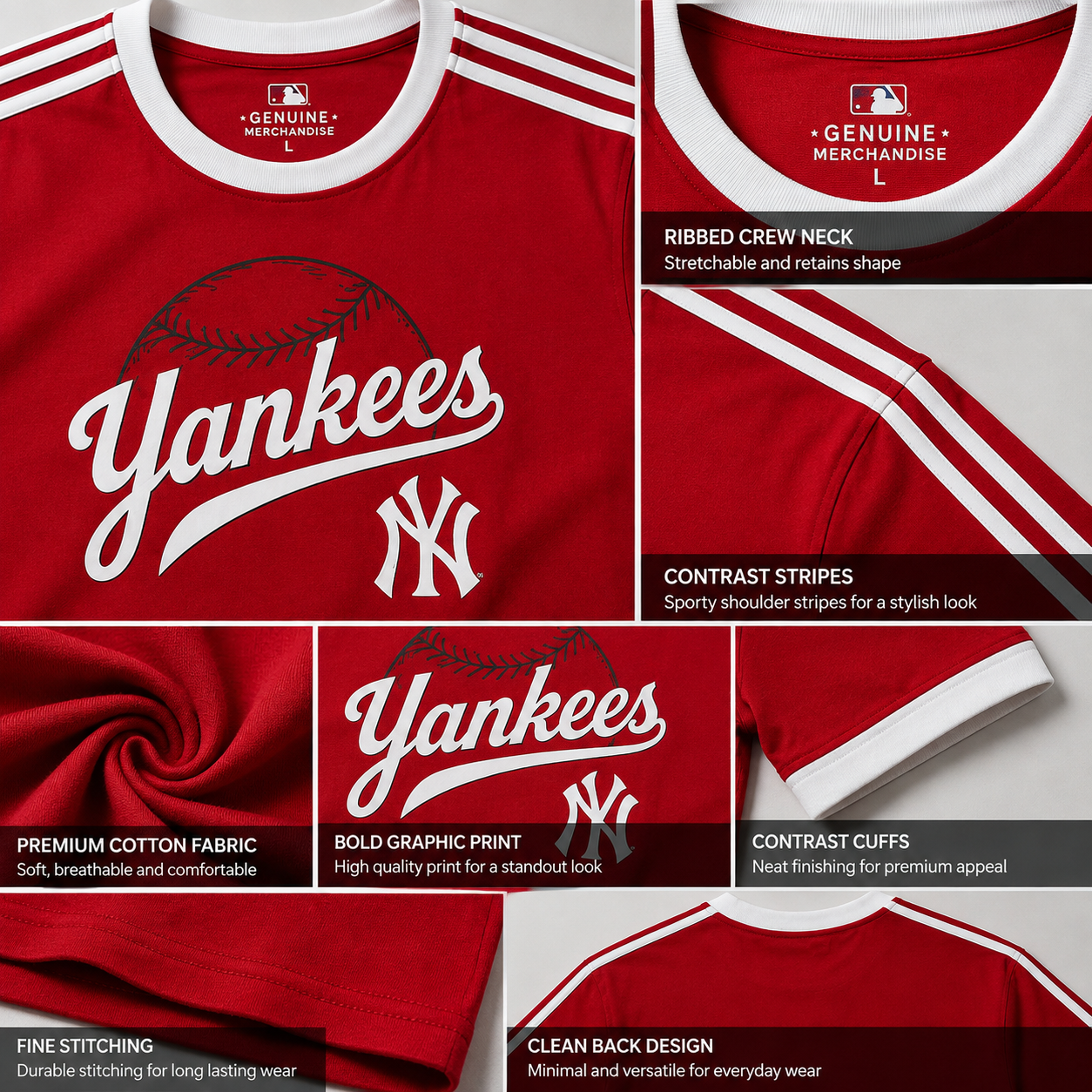 Ne_w Yo-rk Yan_kees Inspired Men's Premium Red Oversized Cotton T-Shirt with Contrast Stripe