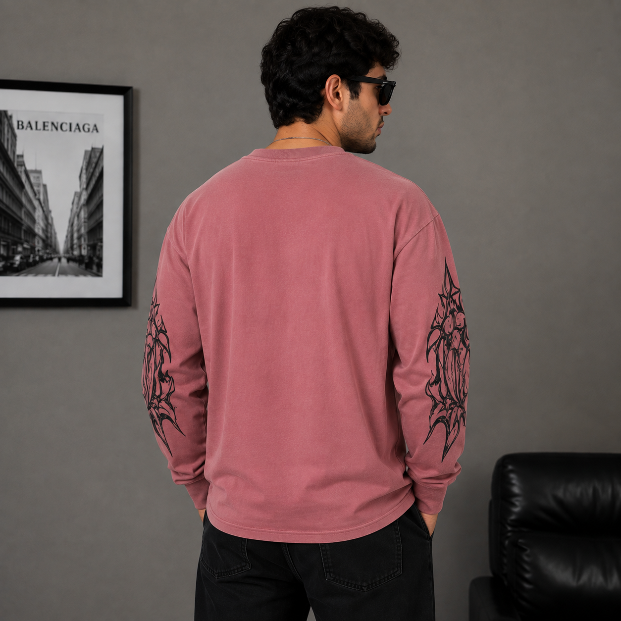 za_ra Men's Dusty Pink Oversized Graphic Print Full Sleeve T-Shirt