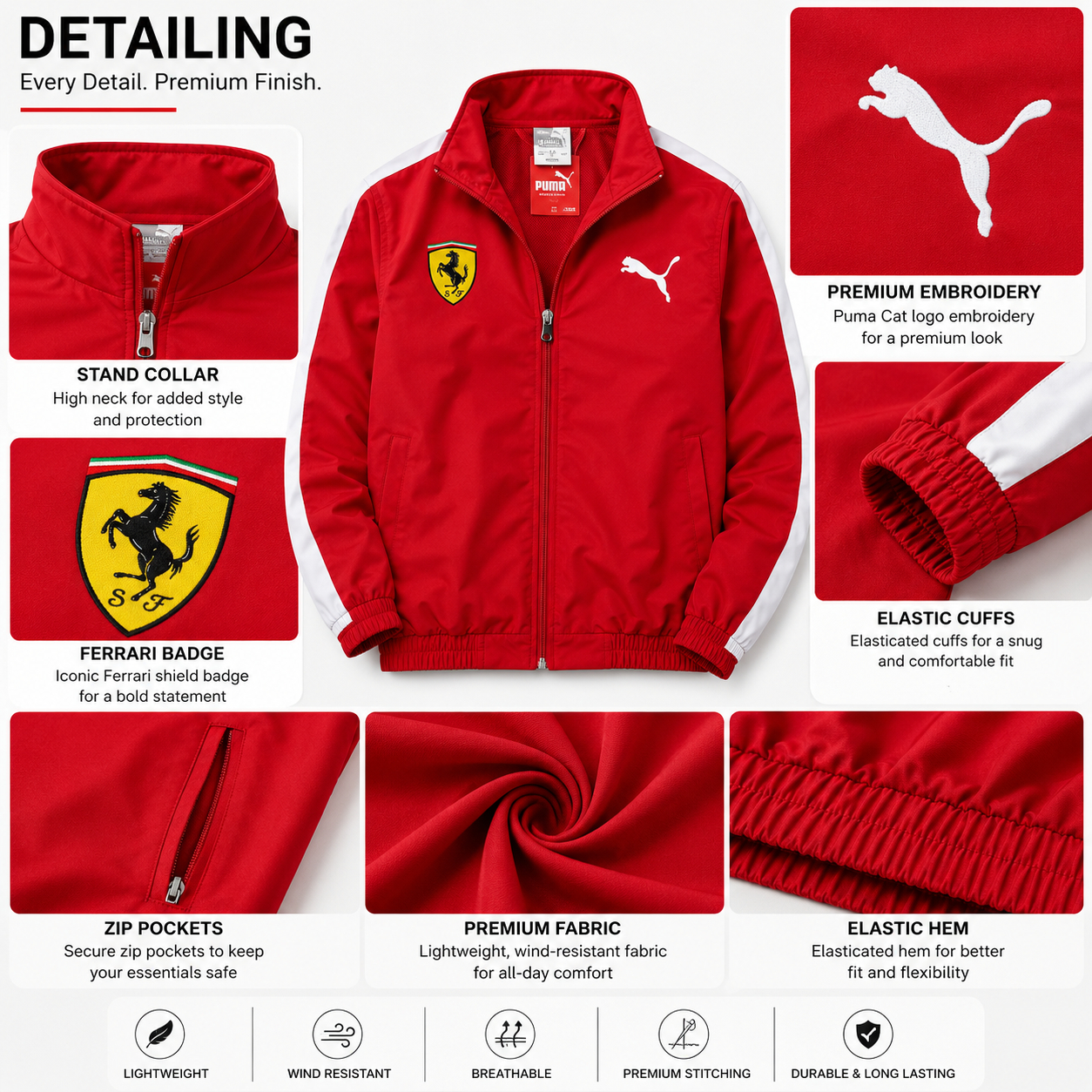 Pu_ma Men's Red Ferrari Style Track Jacket | Lightweight Full Zip Sports Windbreaker