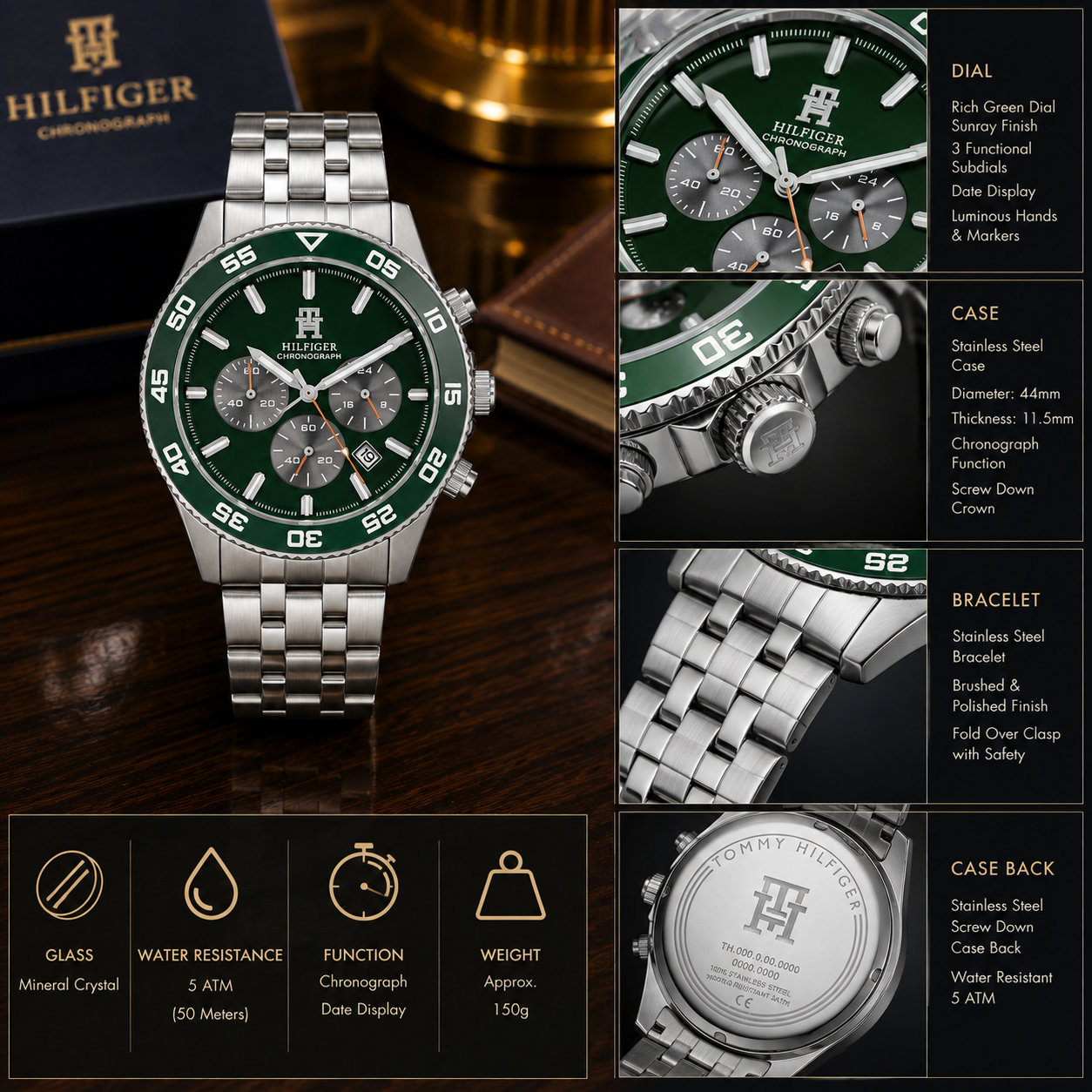 Tom_my Hilf_iger Green Dial Chronograph Stainless Steel Watch