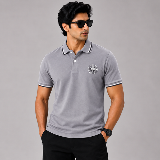 Men’s Light Grey Premium Polo T-Shirt with Contrast Tipping & Embroidered Chest Logo