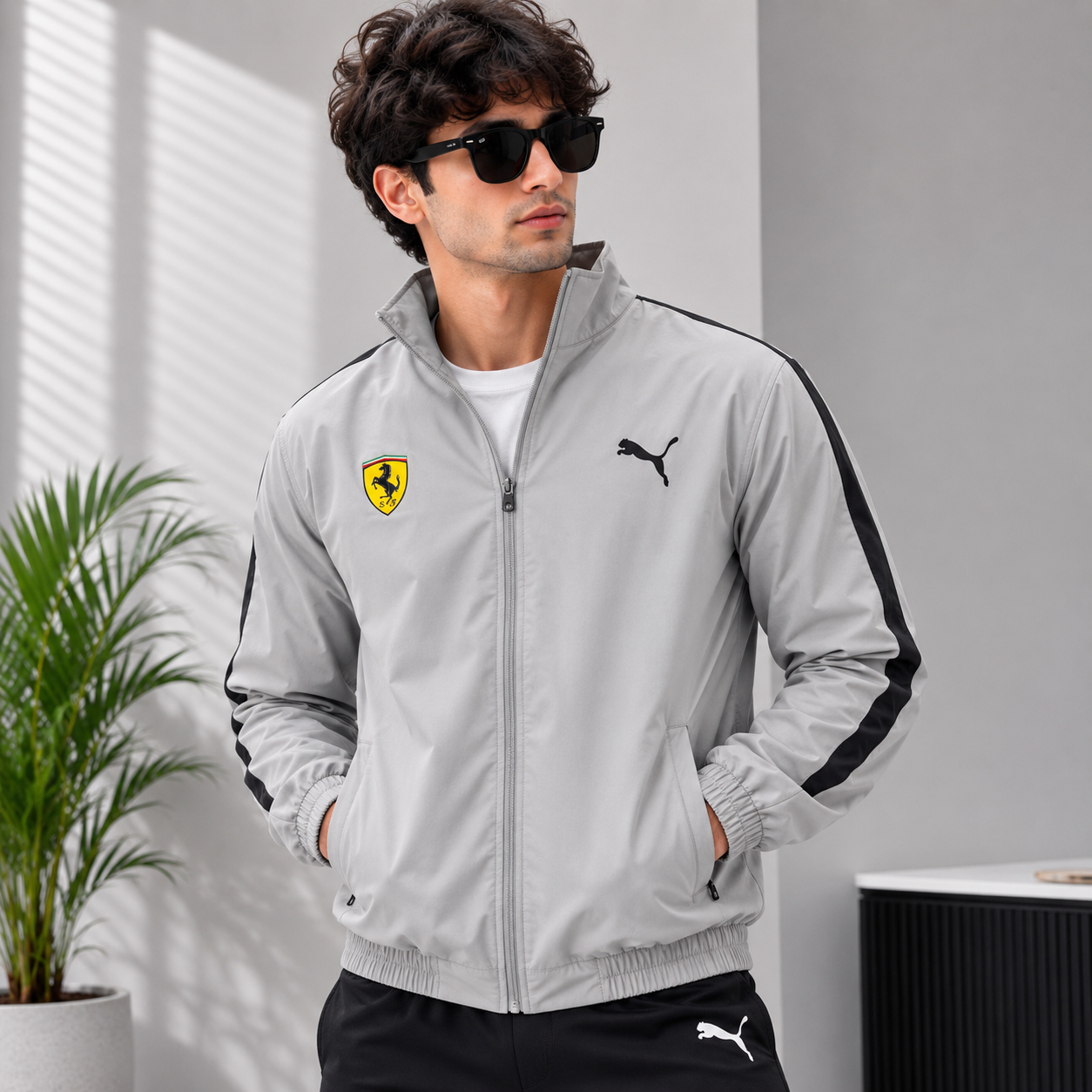 Pu_ma Men's Grey Ferrari Style Track Jacket | Lightweight Full Zip Sports Windbreaker