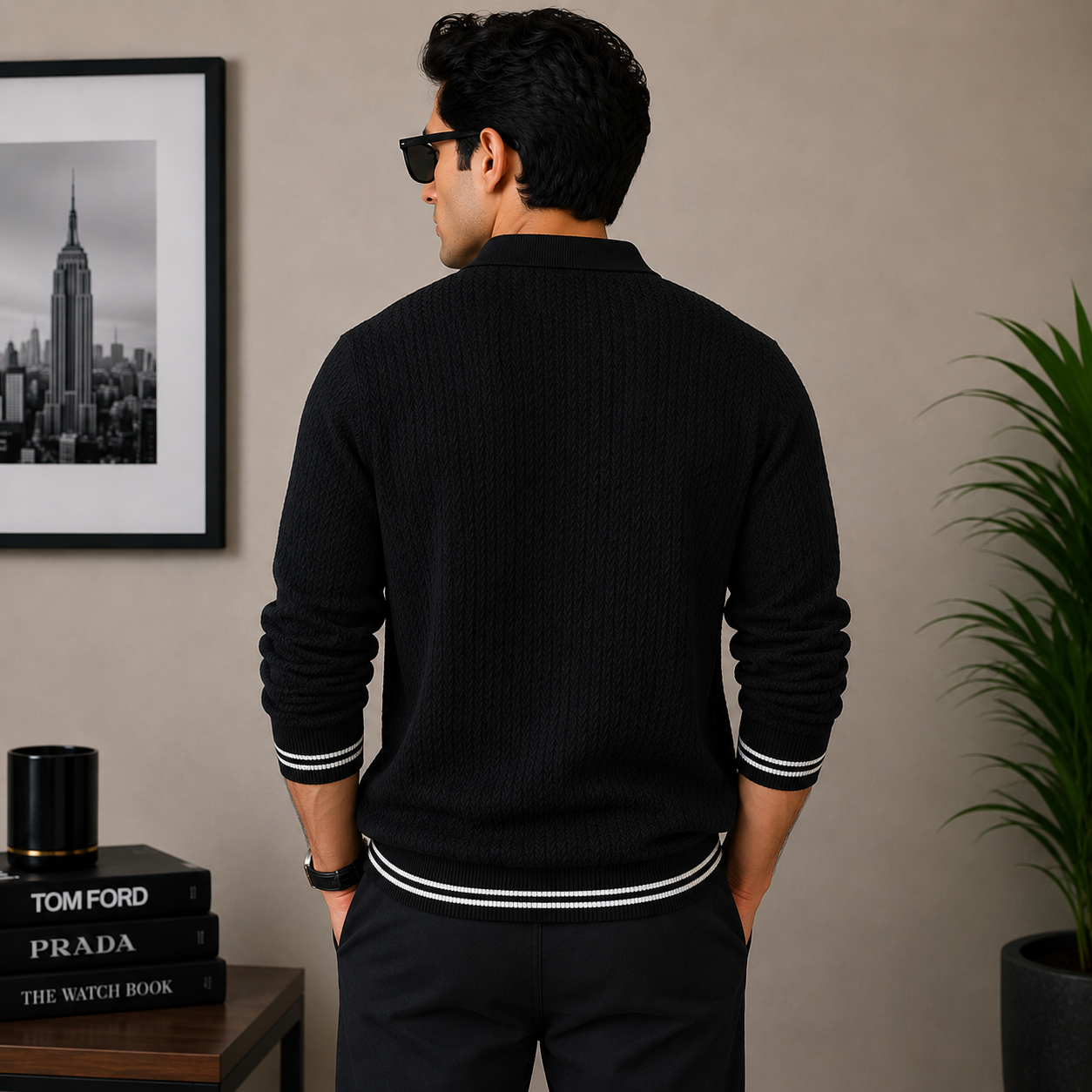 po_lo Men's Premium Black Textured Knit Polo T-Shirt with Contrast Stripe Cuffs