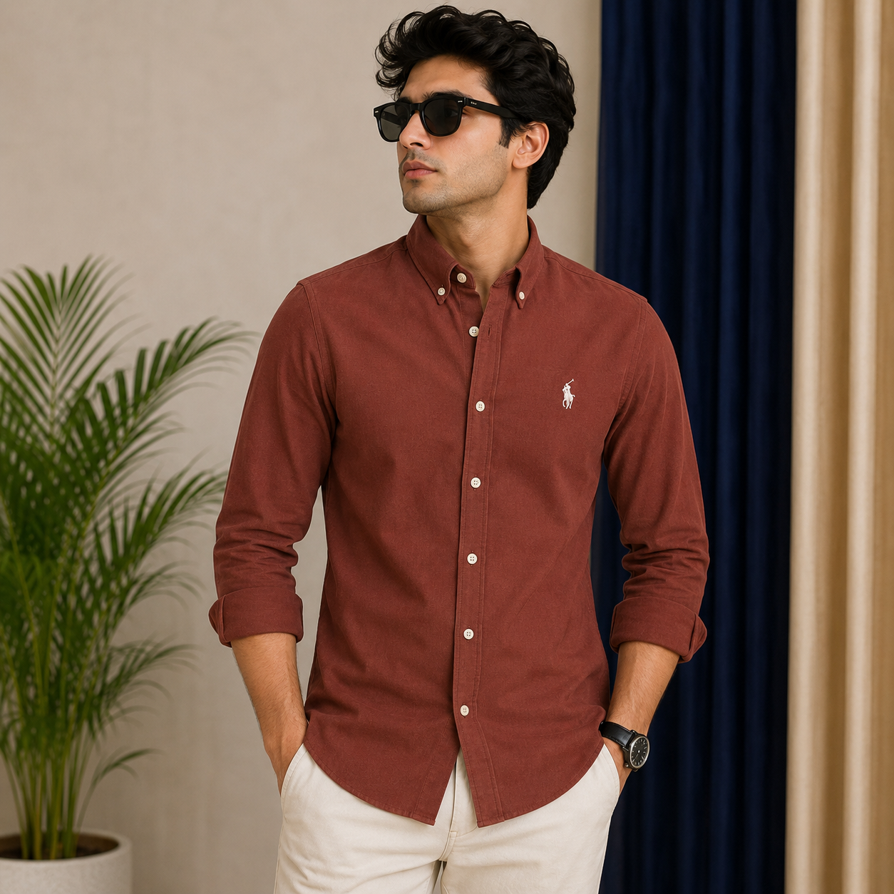 Po_lo RAL_PH LAU_REN Men’s Premium Rust Brown Oxford Shirt – Embroidered Button-Down Full Sleeve Shirt