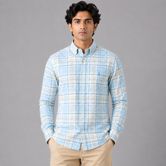 Po_lo Ra_lph Lau_ren Men’s Light Blue Plaid Check Shirt | Custom Fit Full Sleeve Button-Down Shirt