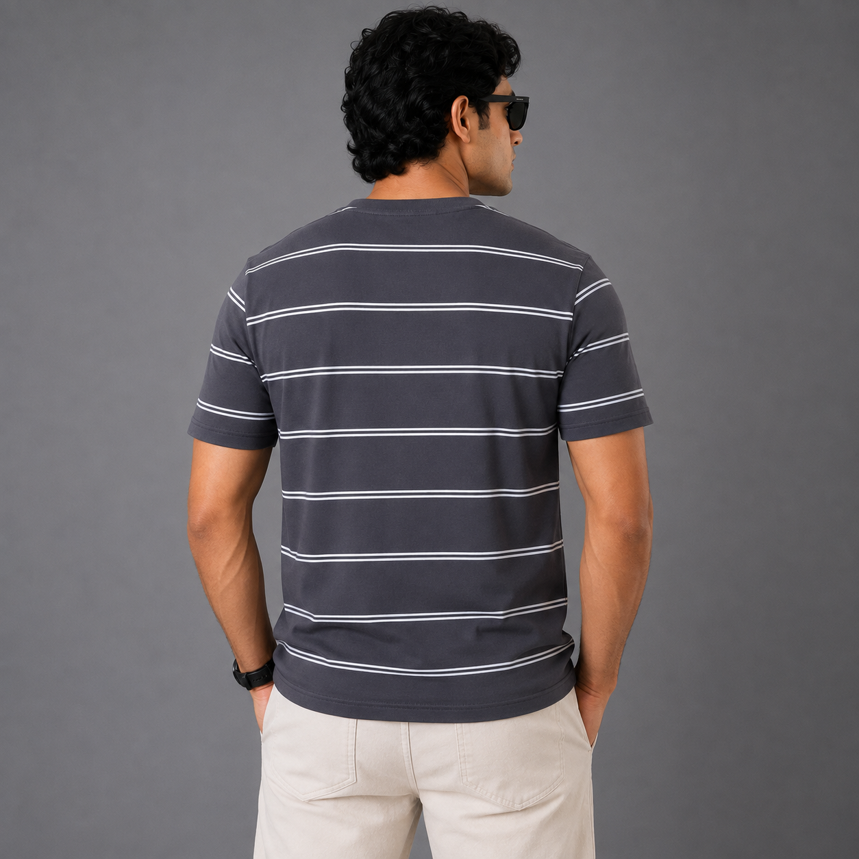 Po_lo Ral_ph Lau_ren Men’s Charcoal Grey Striped Crew Neck T-Shirt – White Ralph Embroidered Logo