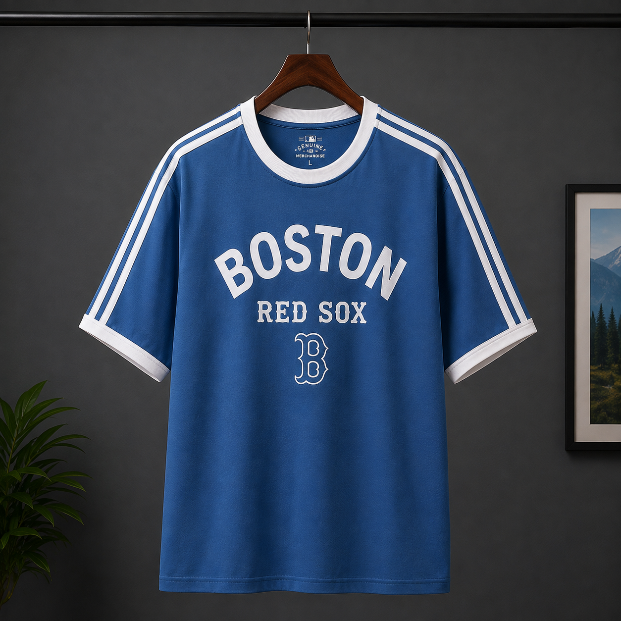 Bos_ton Re_d So_x Inspired Men's Premium Blue Oversized Cotton T-Shirt with Contrast Stripe