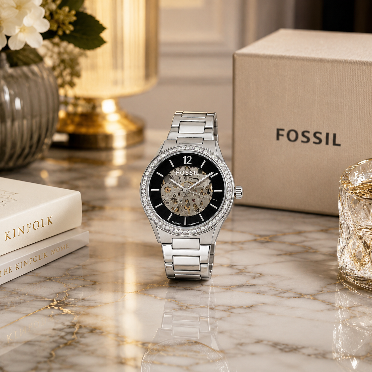 Fo_ssil BQ3781 Women’s Automatic Skeleton Watch – Crystal Bezel & Silver Bracelet